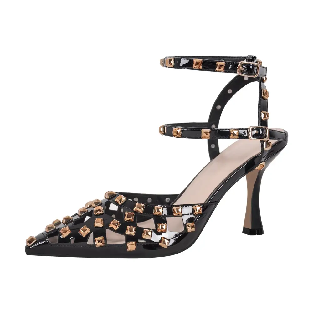 Rivet Pointed Toe Stiletto Ankle Strap Pumps