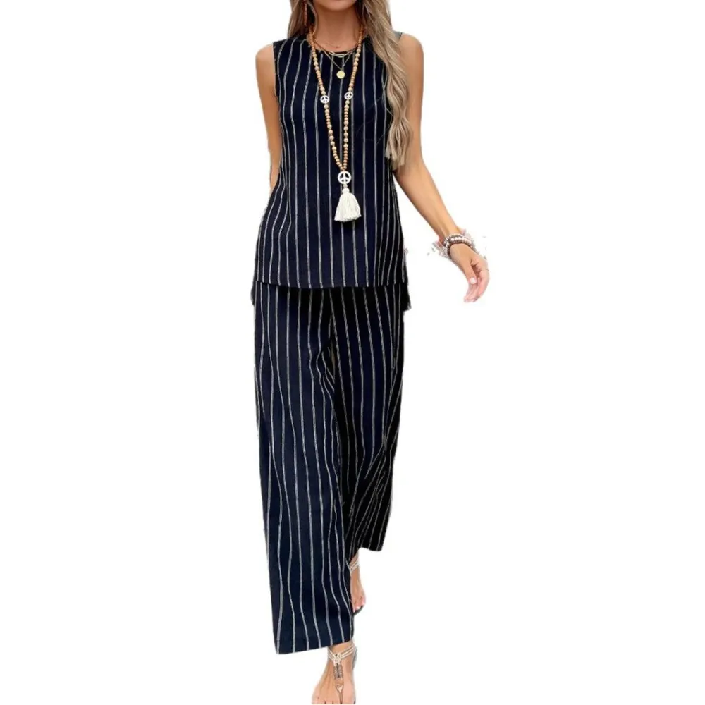 Soft Striped Vest Wide Leg Pants Set