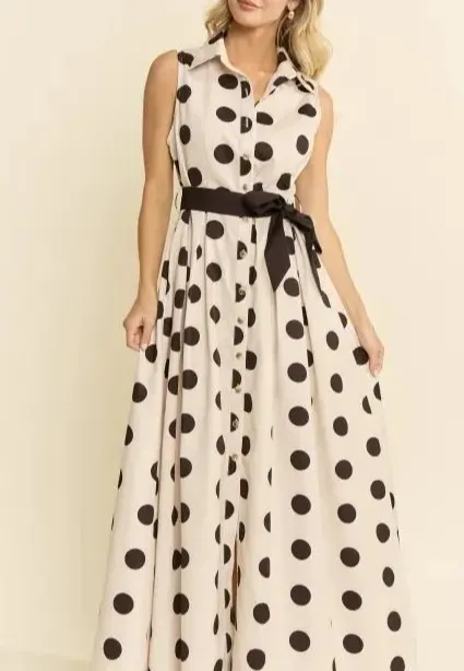 Modern Polka Dot Button Down Belted Dress
