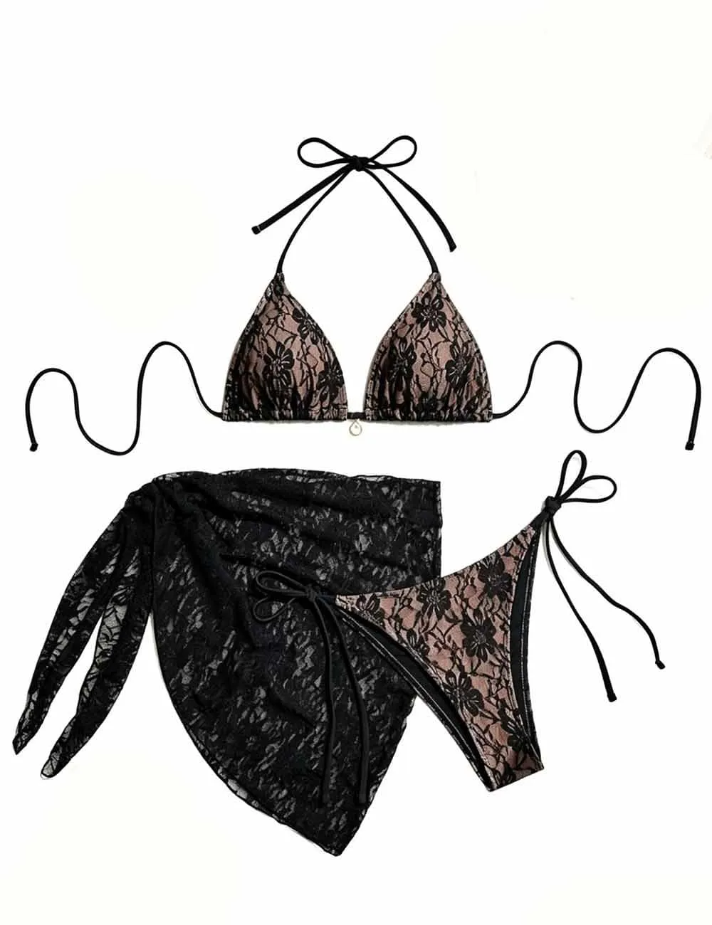 Lace Mesh Triangle Bikini Set with Sarong Set
