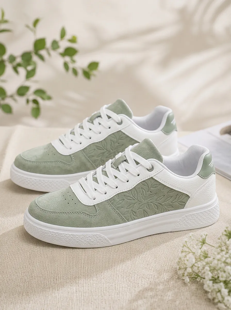 Men's Sage Green Floral Embossed Suede Printed Sneakers