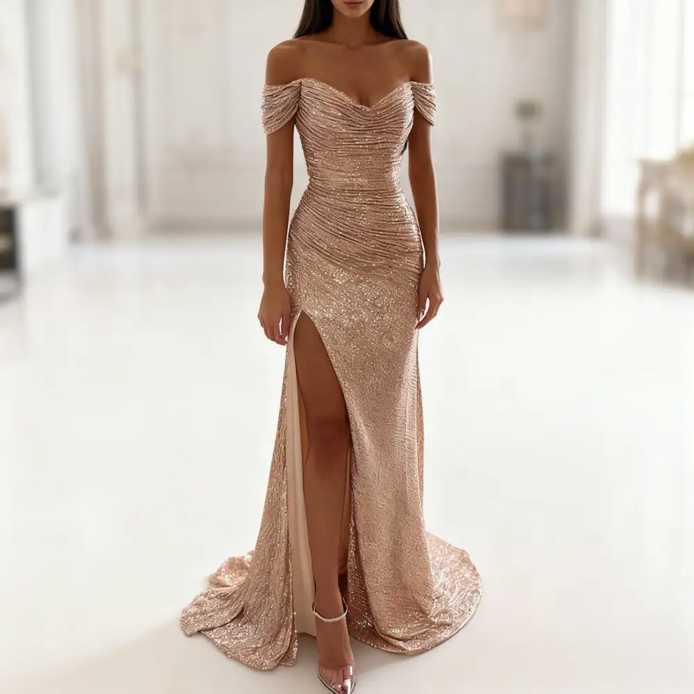 Women's Bodycon Off-Shoulder Sequin Slit Dress