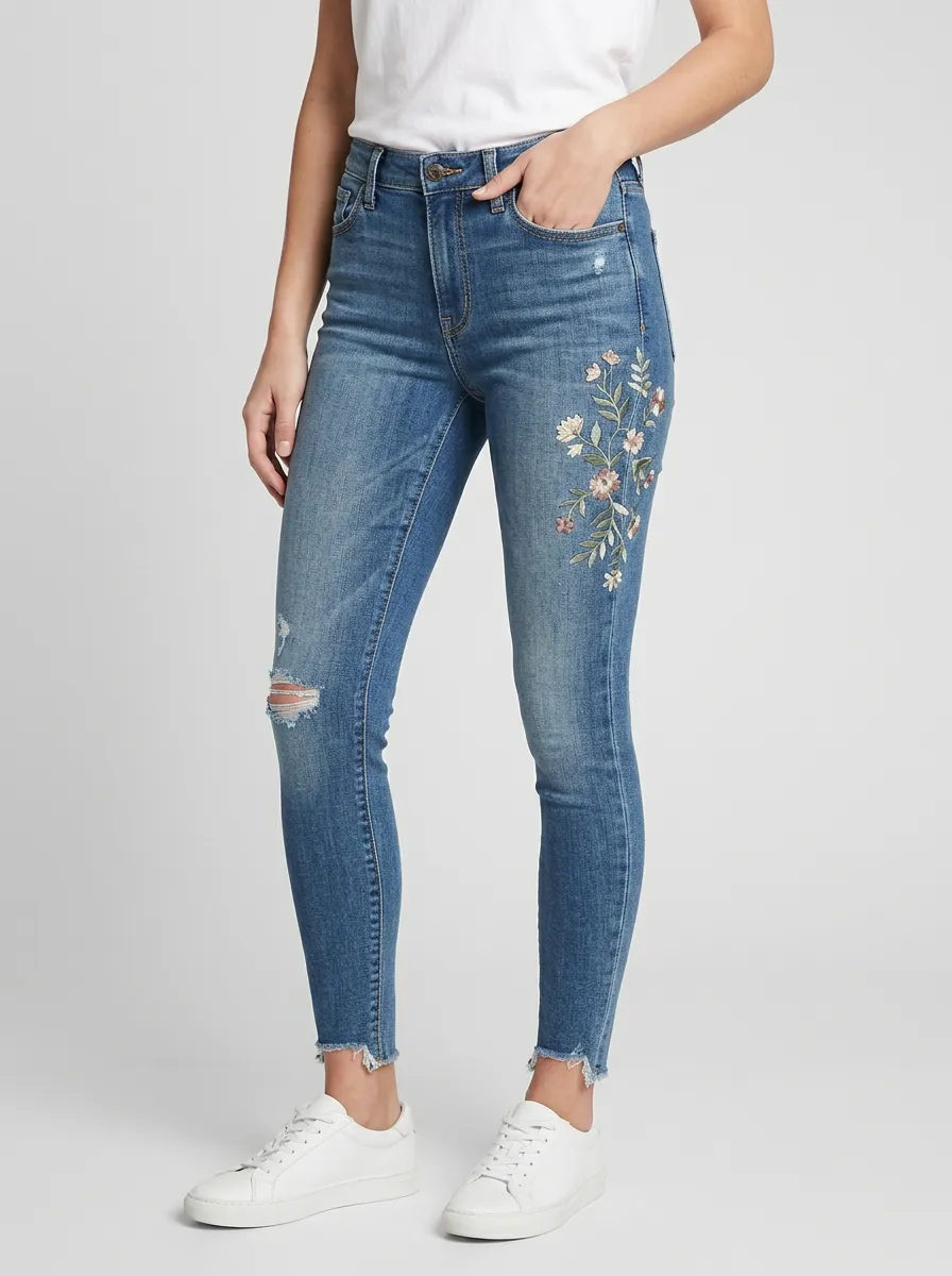 Women's Bennett Floral Embroidered Distressed Graphic Slim Jeans