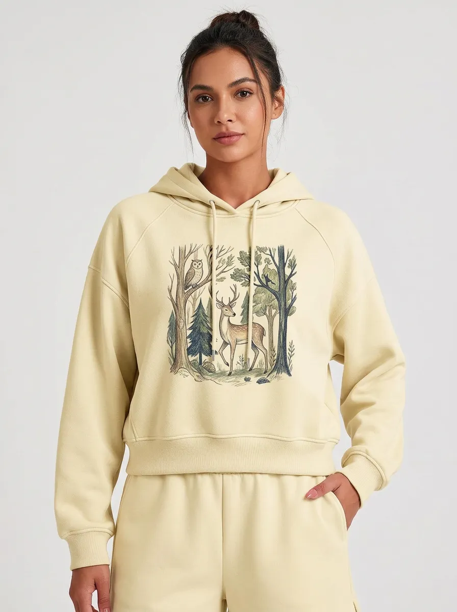 Women's Nature-Inspired Forest Deer Owl Printed Hoodie