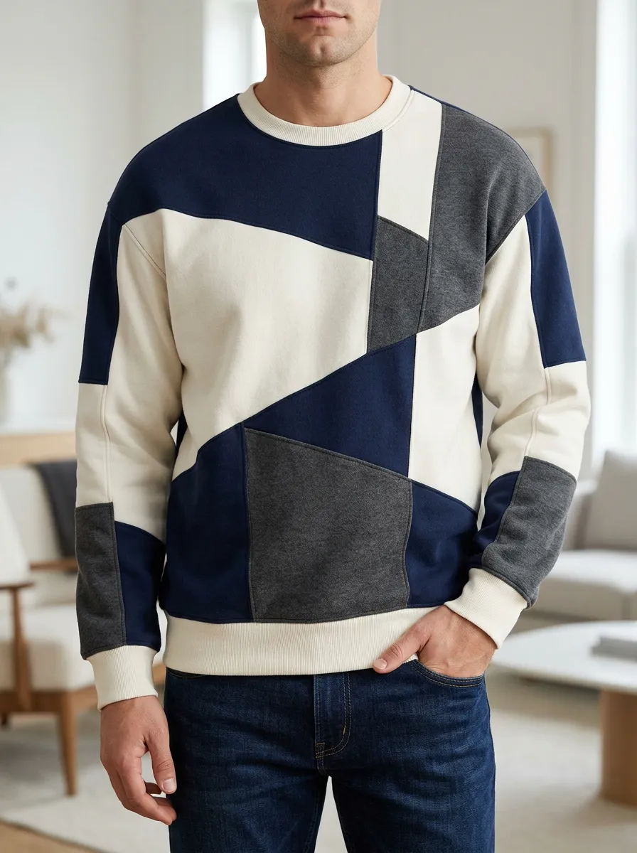 Men's Multi-Color Geometric Patchwork Crewneck Sweatshirt