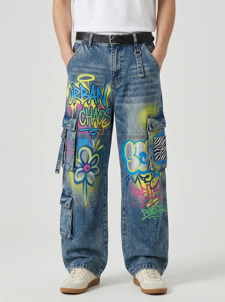 Men's Streetwear Urban Chaos Graffiti Graphic Cargo Jeans