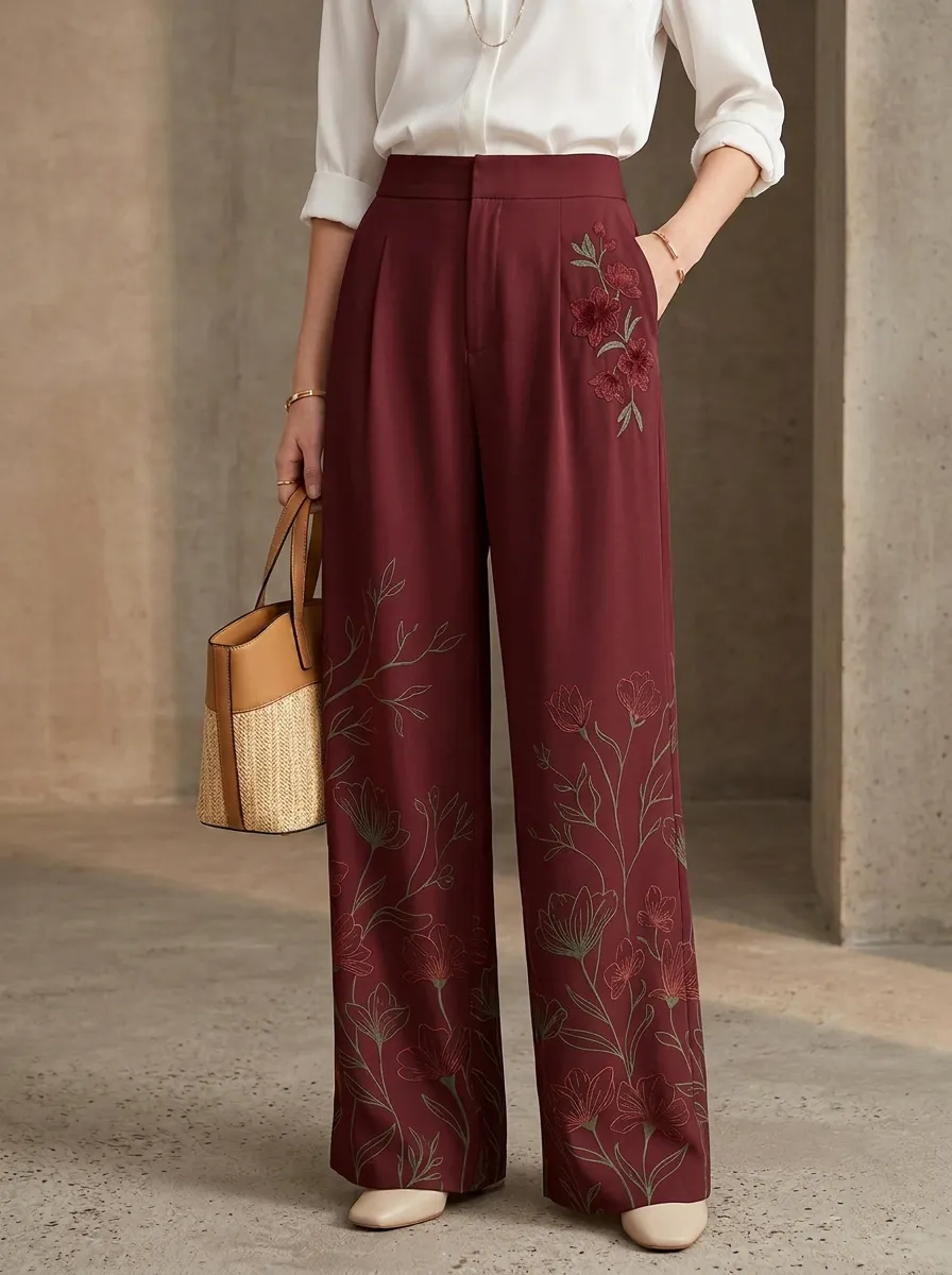 Women's Beige Floral Embroidered Concealed Front Zip High-Waisted Wide-Leg Trousers