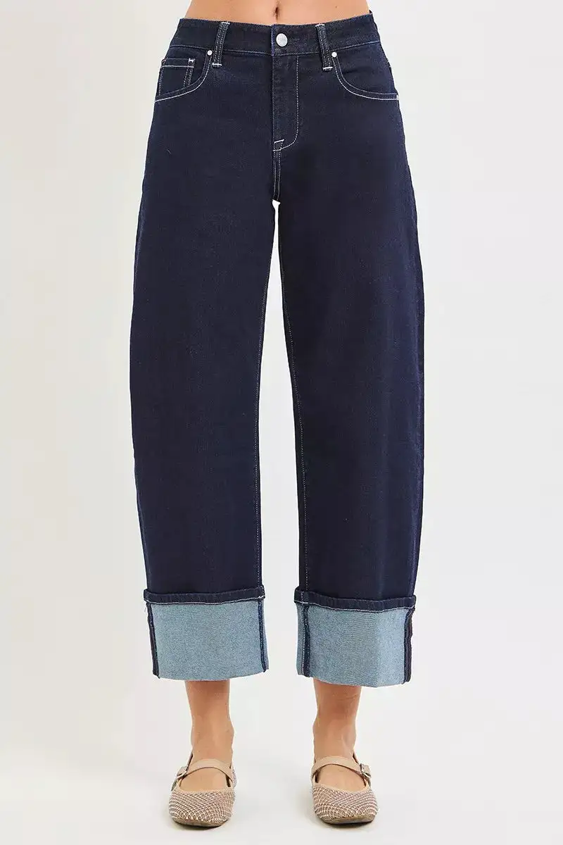 Cuffed Hem Barrel Leg Jeans