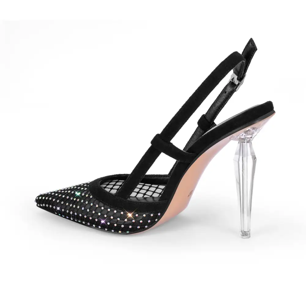 Rhinestone Pointed Toe Transparent Heel Slingback Pumps
