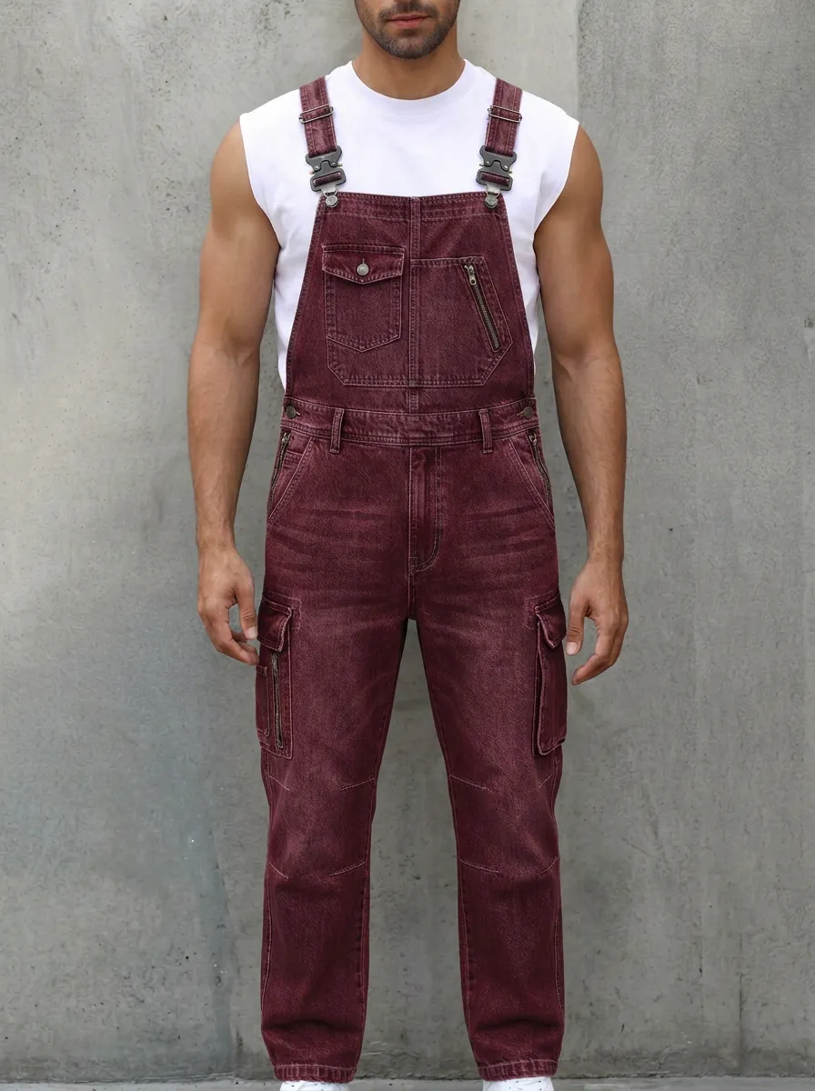 Men's Casual Streetwear Multi-Pocket Denim Cargo Overalls