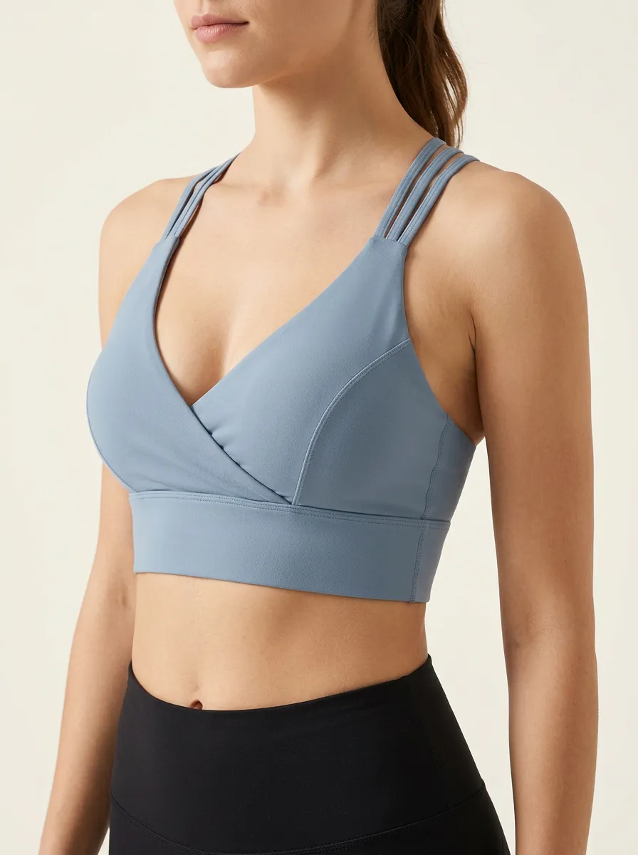 Women's V Neck Zip Front Panel Detail Sports Bra