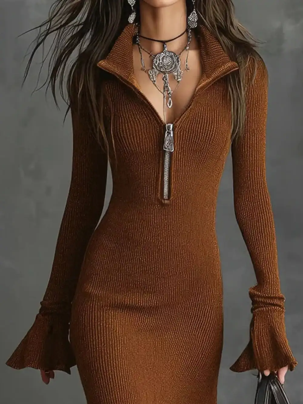 Ribbed Knit Zip Front Midi Dress