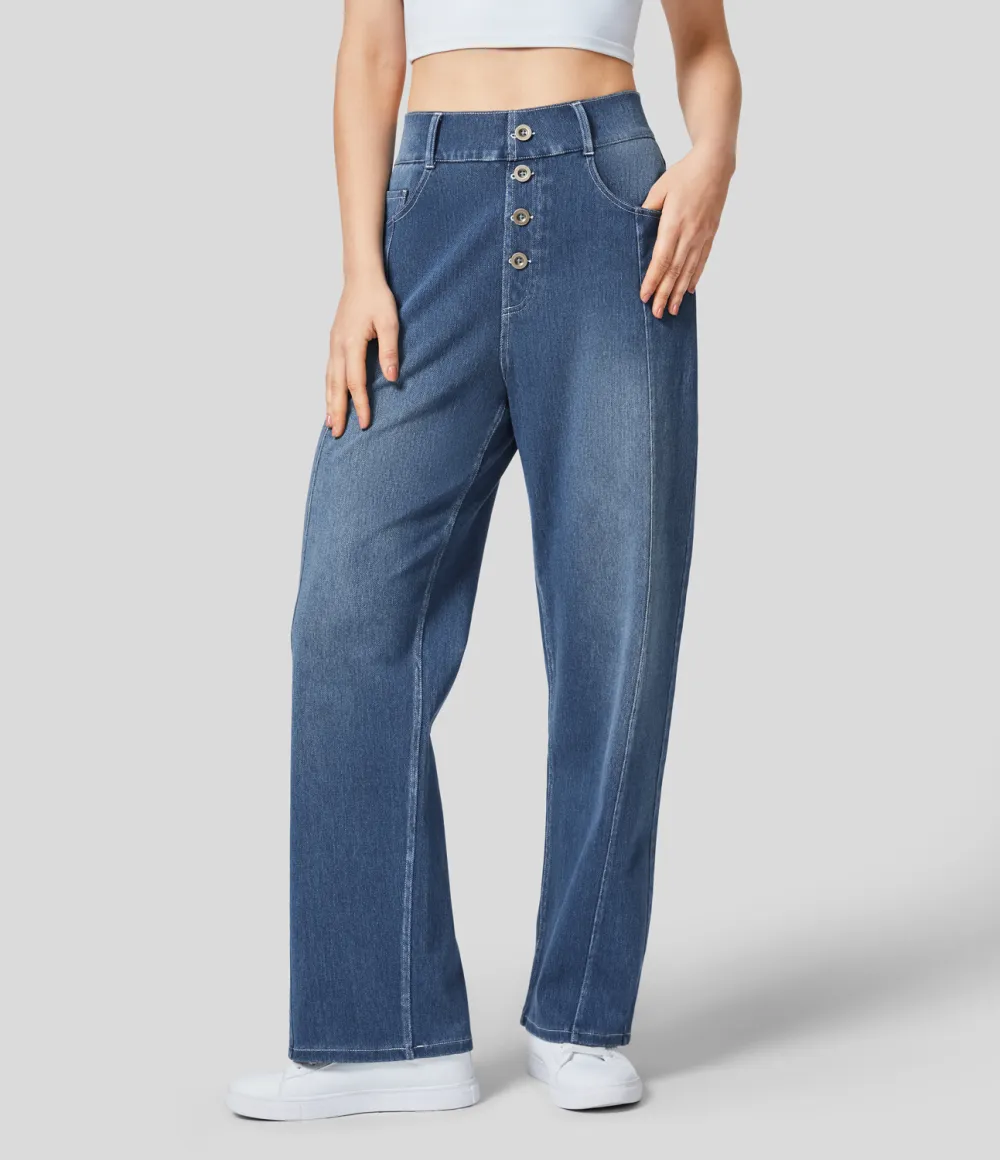 Magic High Waisted Decorative Button Multiple Pockets Straight Leg Stretchy Knit Casual Boyfriend Jeans