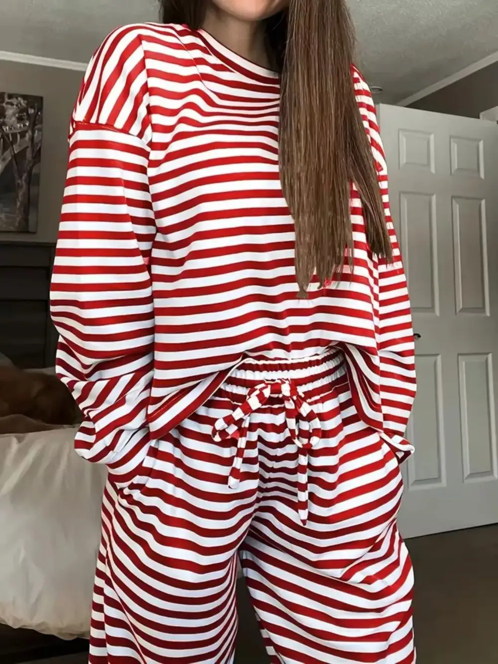 Relaxed Striped Round Neck Top and Pants Set