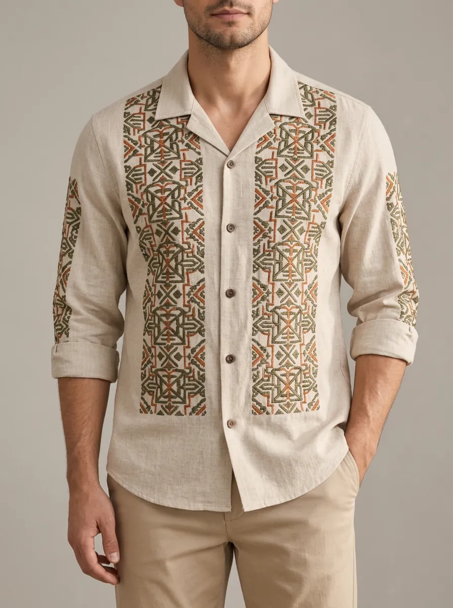 Men's Geometric Folk Printed Linen Shirt