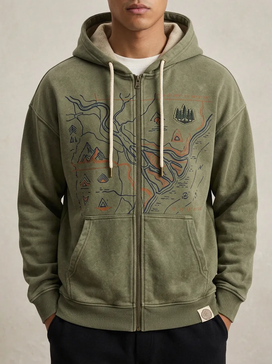 Men's Camping Lover Forest Map Printed Zip-up Hoodie