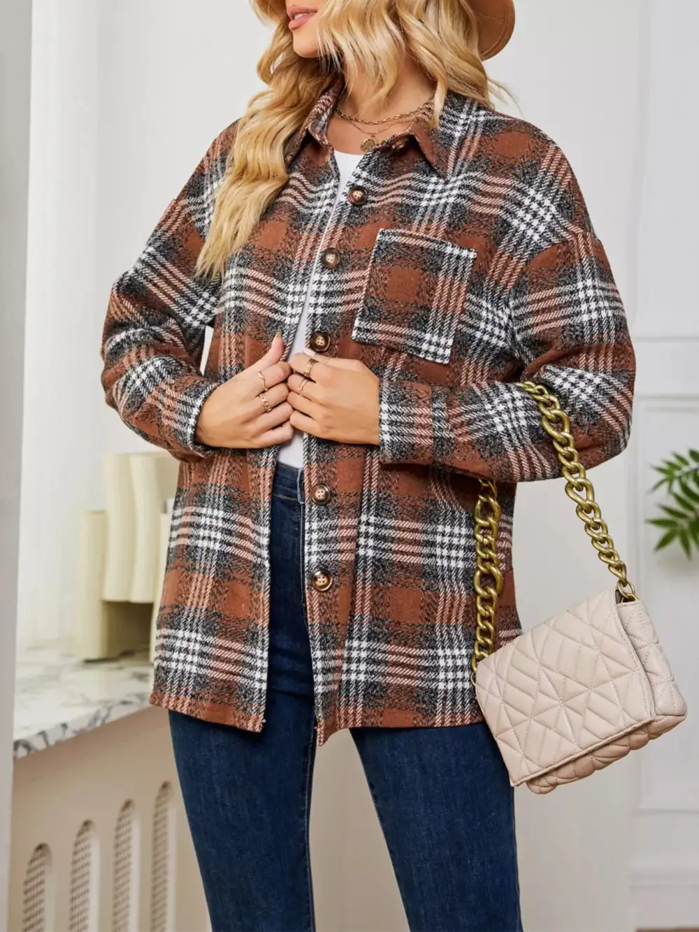 Plaid Button Front Shacket Jacket