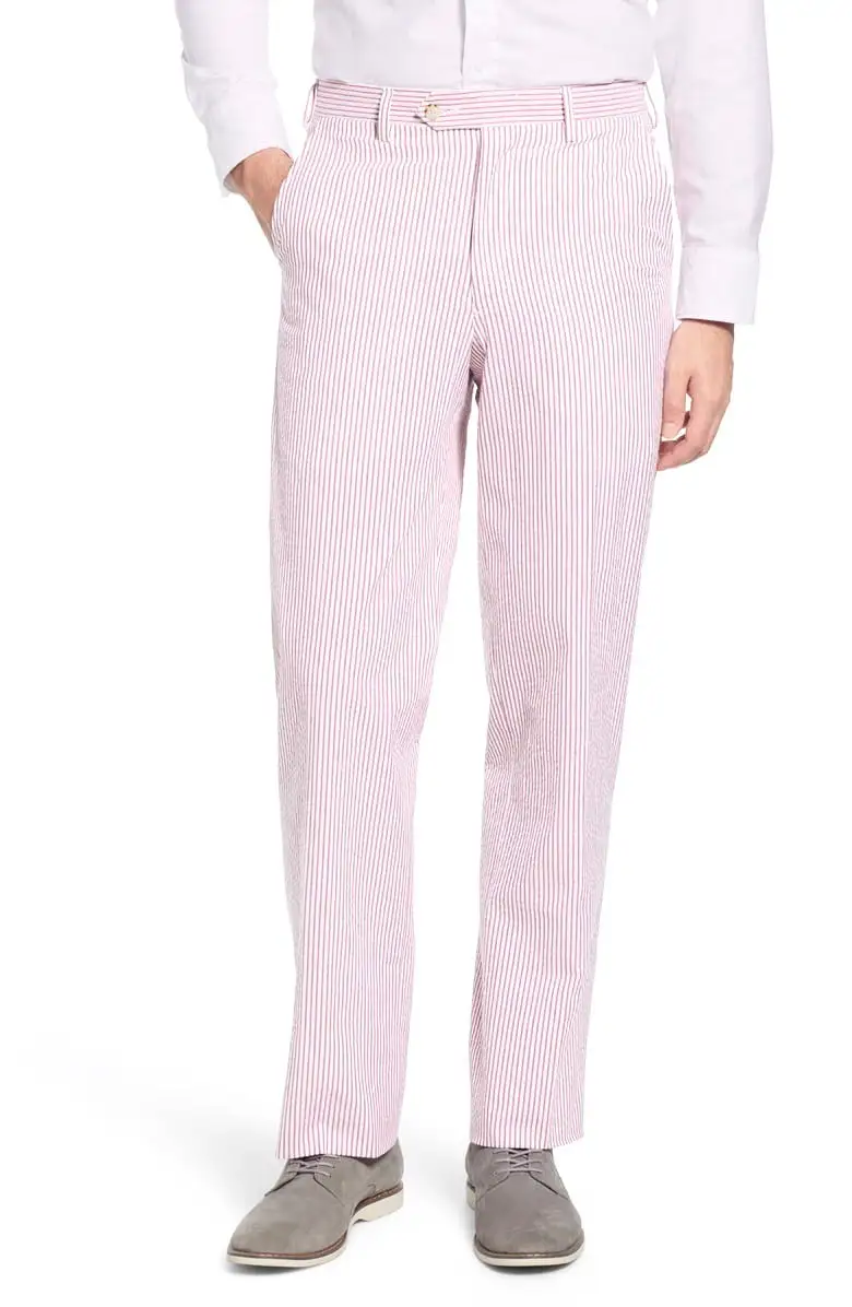 Seersucker Flat Front Regular Rise Relaxed Fit Trousers