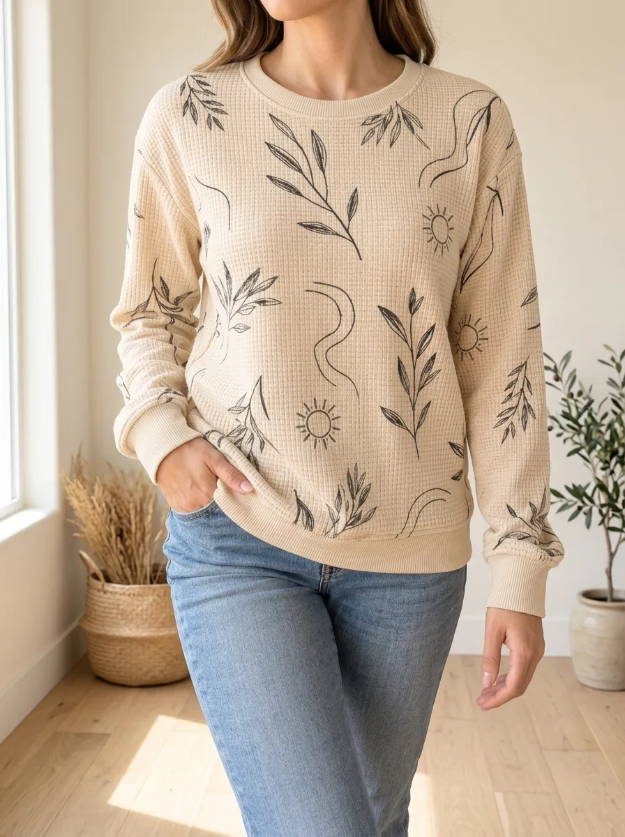 Women's Boho Sun And Leaf Graphic Waffle Knit Crewneck Sweatshirt