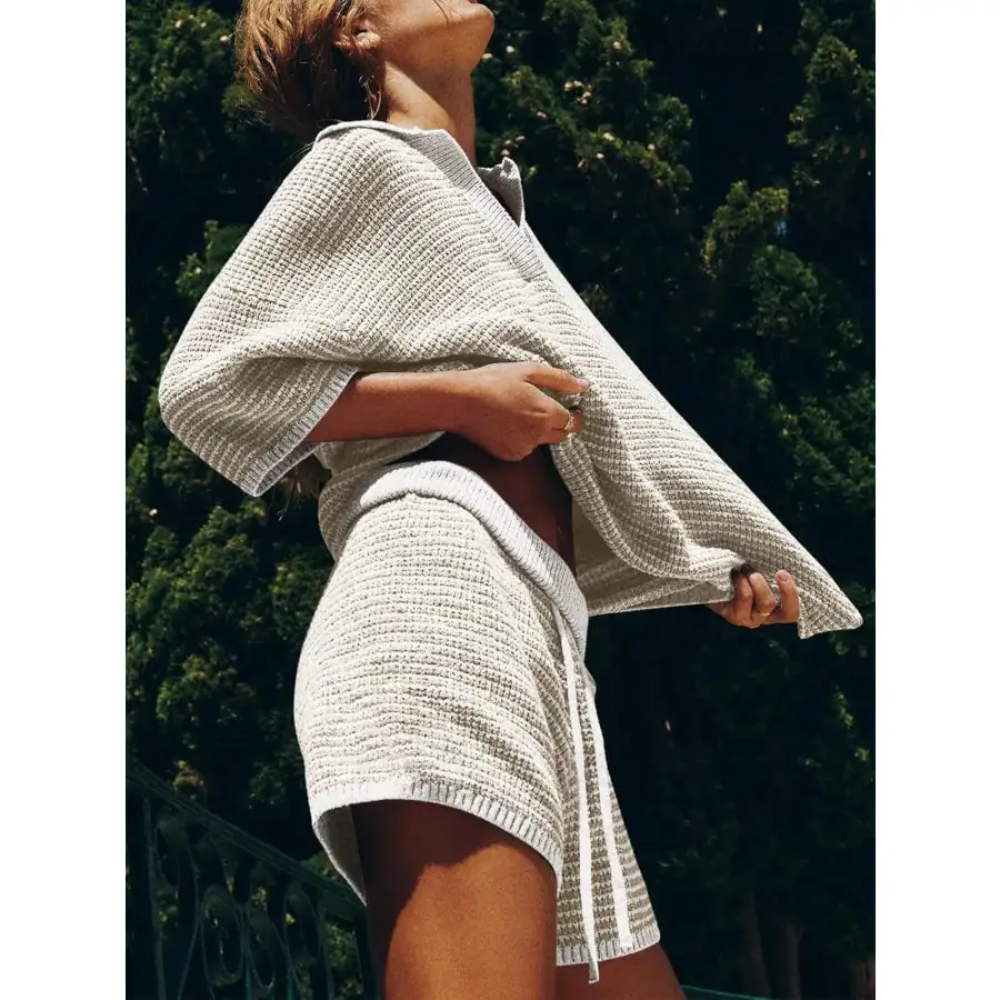 Collared Neck Contrast Striped Top and Shorts Sweater Set