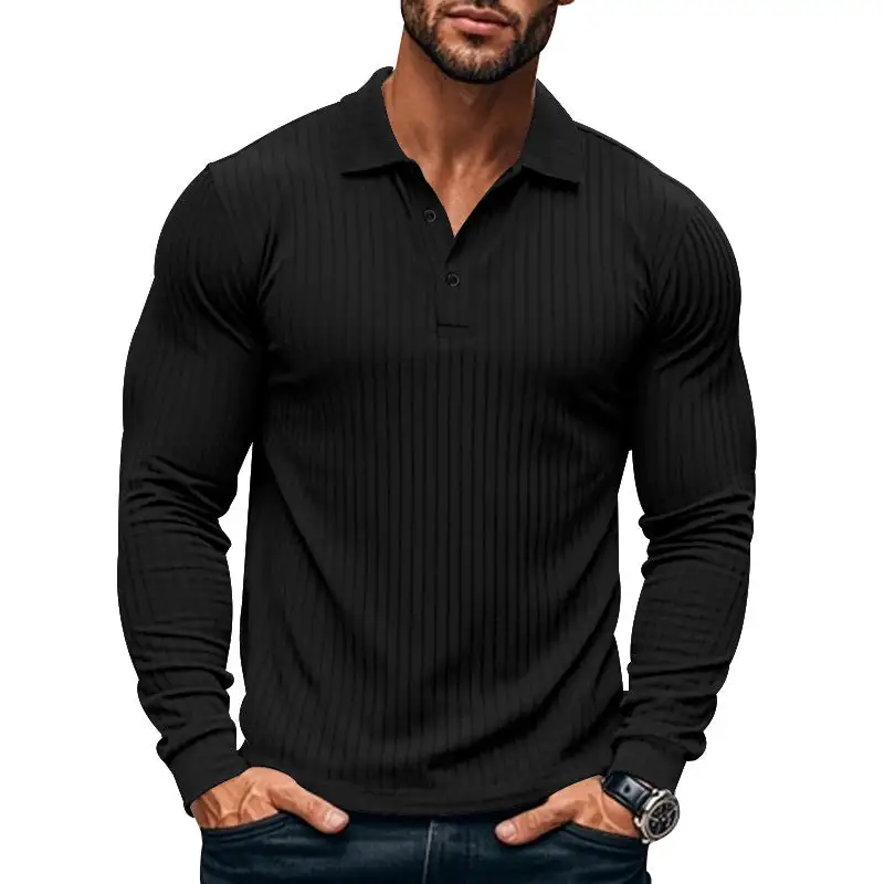 Ribbed Button Placket Spread Collar Polo Shirt