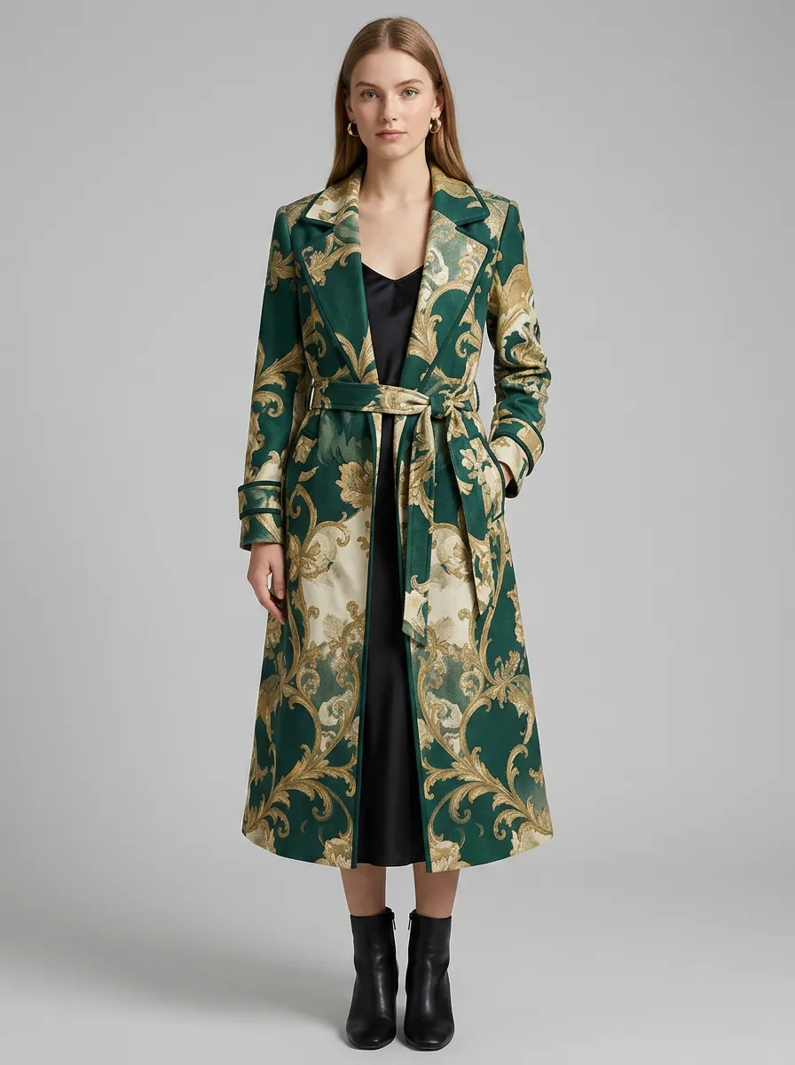 Women's Vintage Baroque Floral Printed Trench Coat