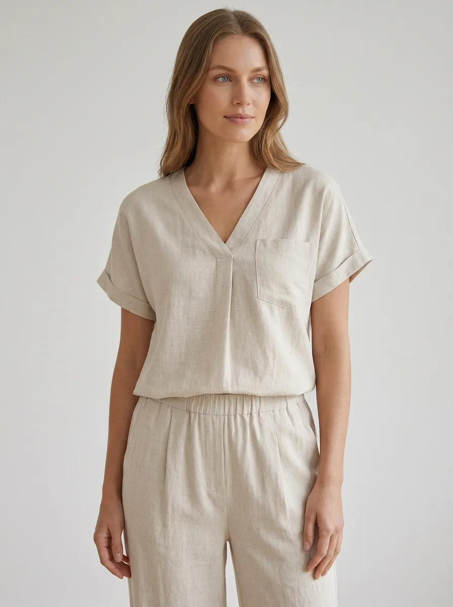 Pocket Cuffed-Sleeve Women's V-Neck Shirt