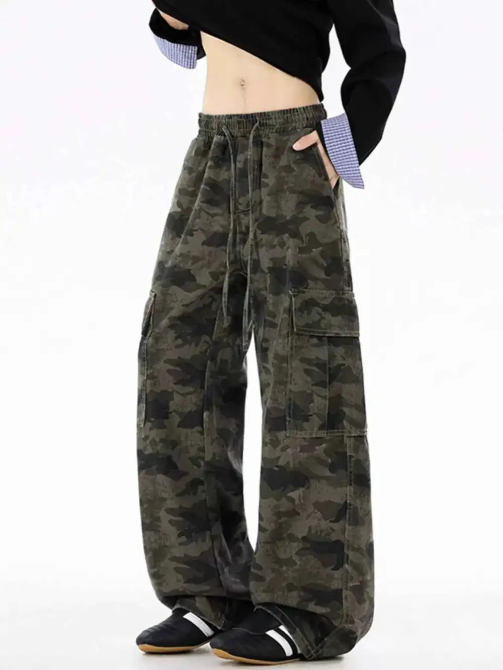 Drawstring Camouflage Wide Leg Pants