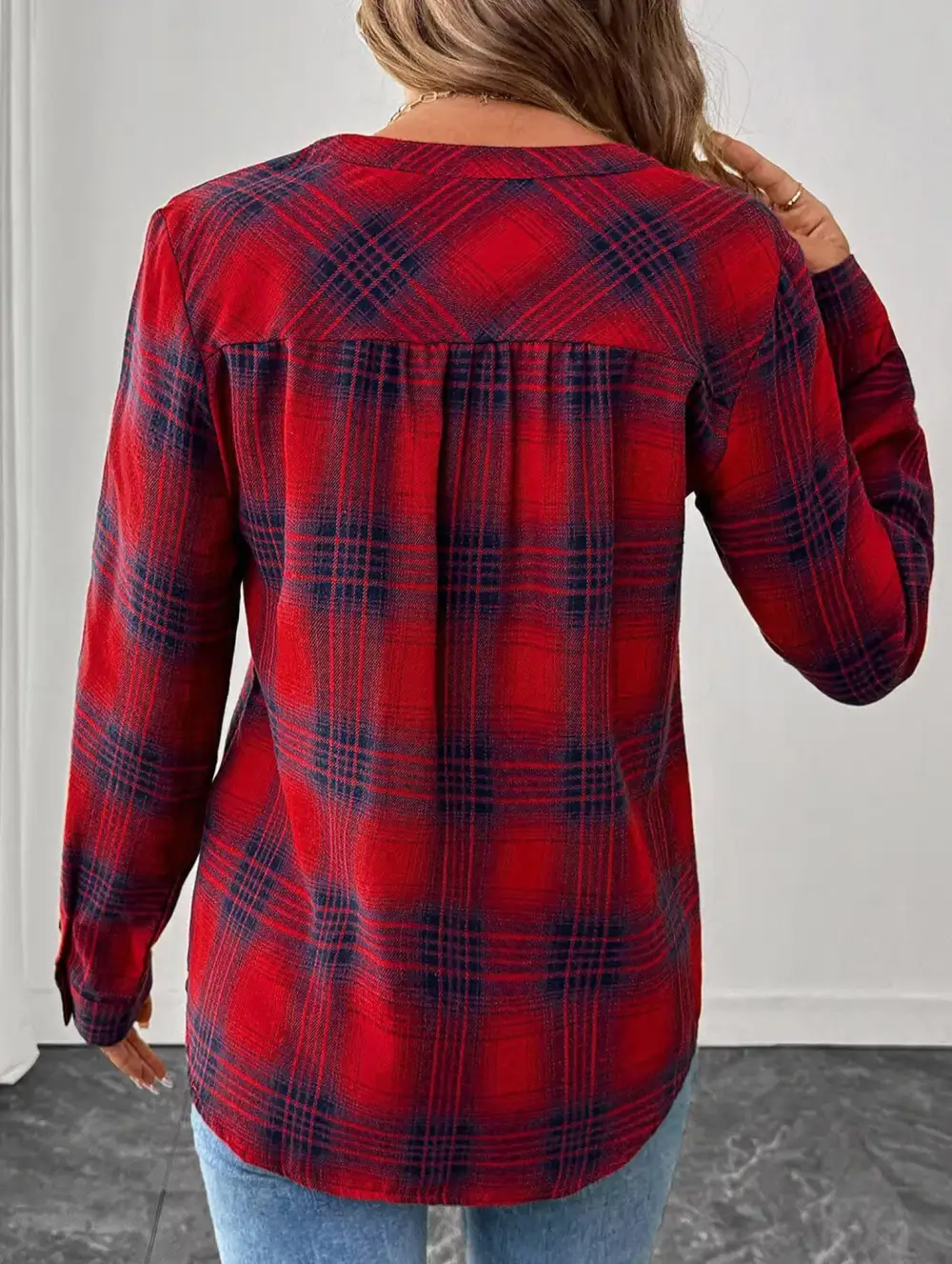 V Neck Plaid Button Shirt