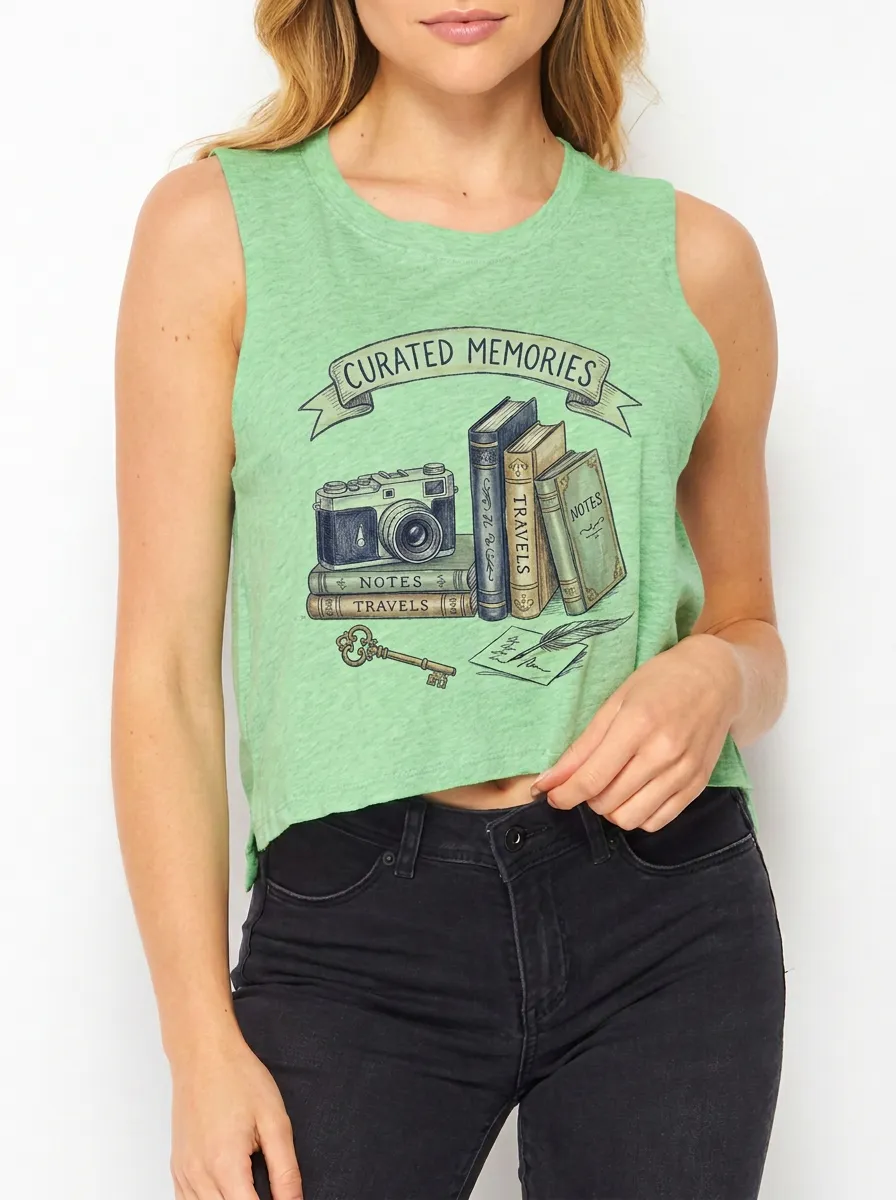 Women's Travel Book-Inspired Curated Memories Printed Crop Tank Top