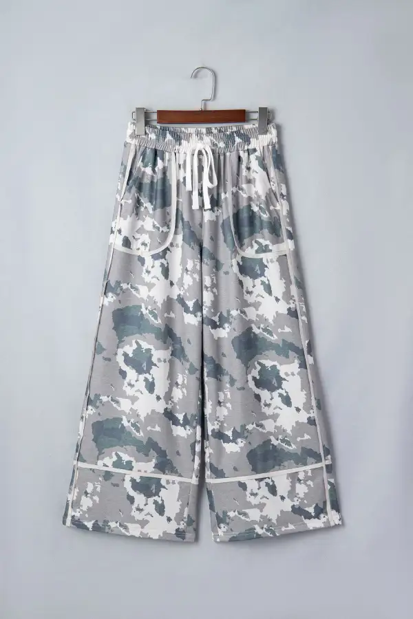 Camouflage Print Contrast Lace Up Raw Edge Pocketed Loose Trousers