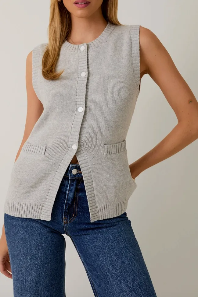 Heather Grey Sleeveless Button Front Knit Vest