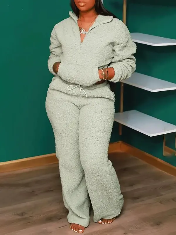 Casual Solid Color Pocket Polar Fleece Zipper Top and Pants Suit
