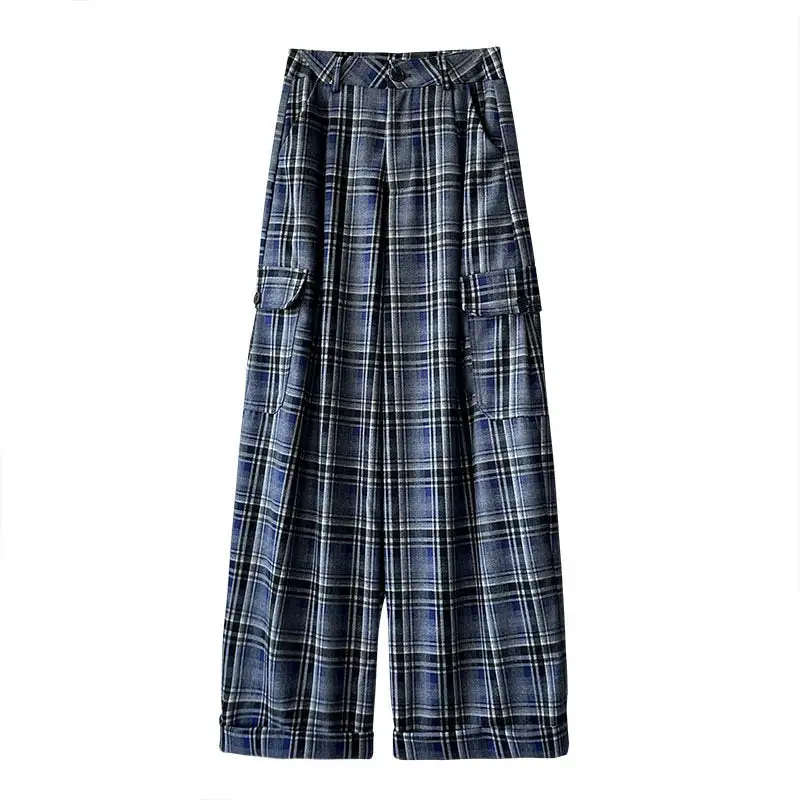 Classic Loose Fit Plaid Wide Leg Floor Length Pants