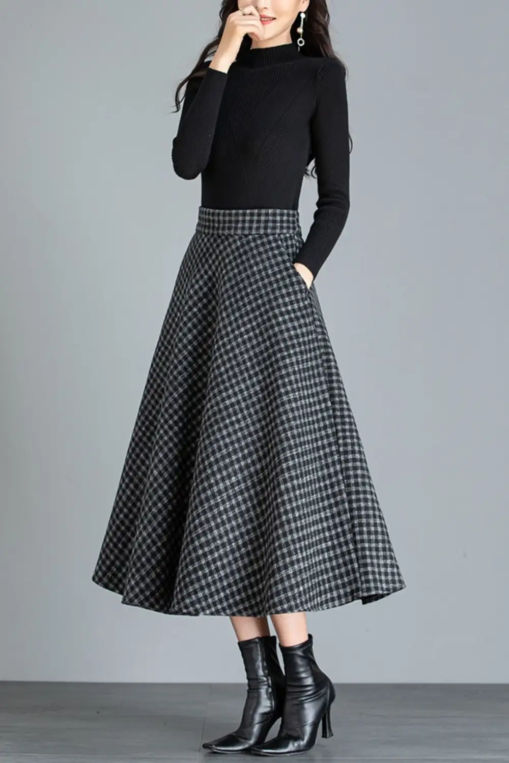 Checkered Wool Blend A Line High Waist Midi Skirt