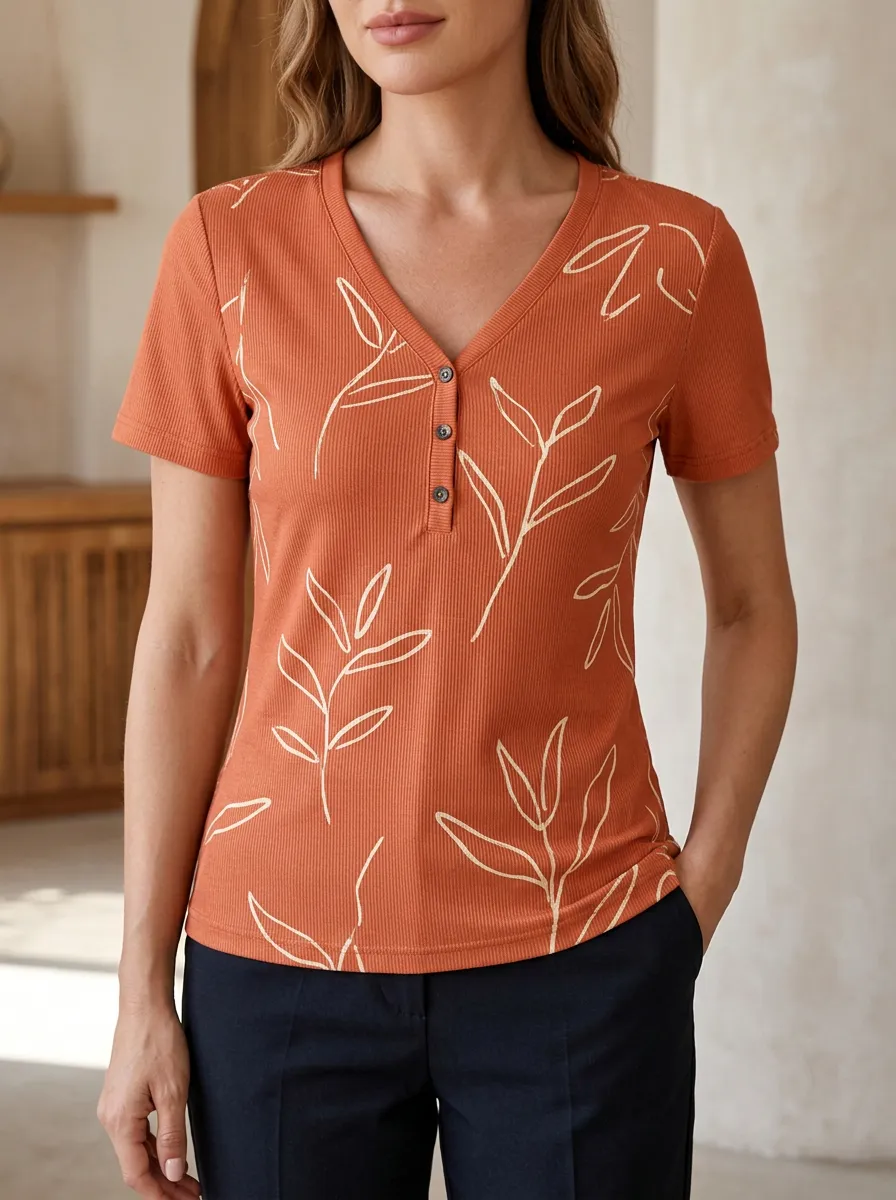 Women's Botanical Leaf Print Ribbed Henley Shirt