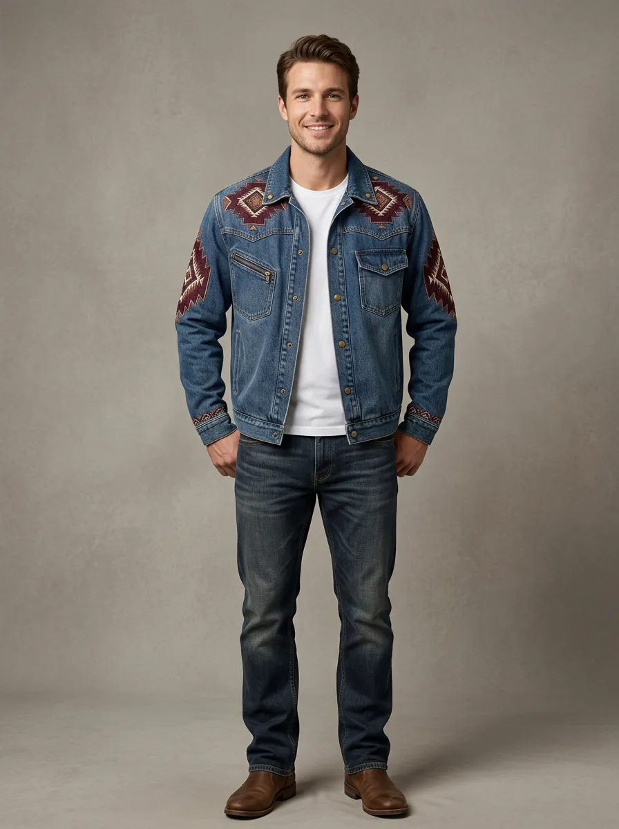 Men's Aztec Printed Western Inspired Denim Jacket