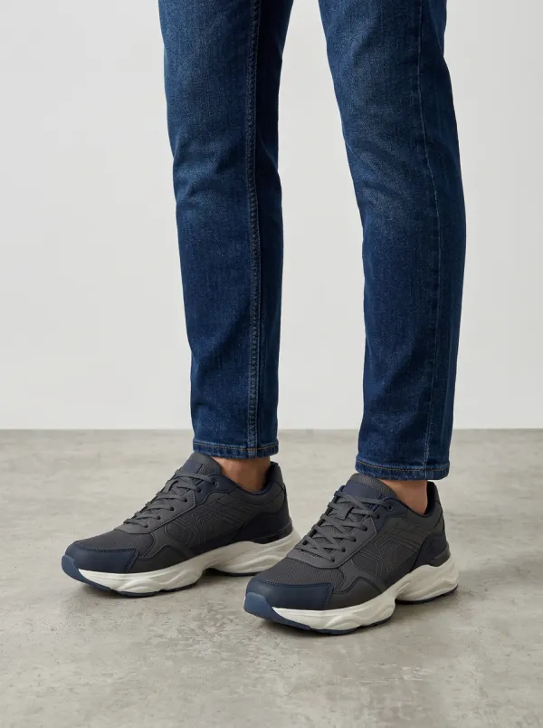 Men's Navy and Grey Paneled Athletic Sneakers