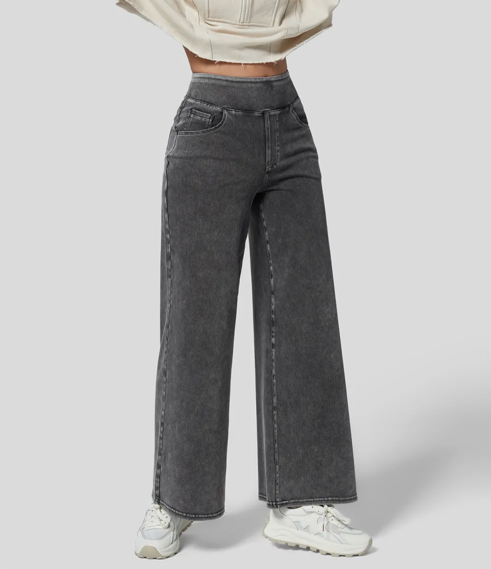 Magic High Waisted Multiple Pockets Wide Leg Loose Stretchy Knit Work Jeans