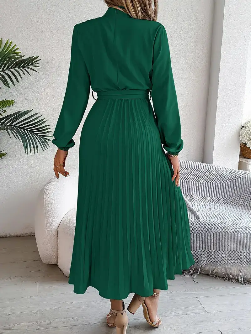  Long Sleeve Pleated Midi Dress
