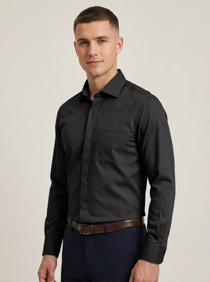Men's Non-Iron Cotton Grey Embroidered Pocket Long Sleeve Shirt