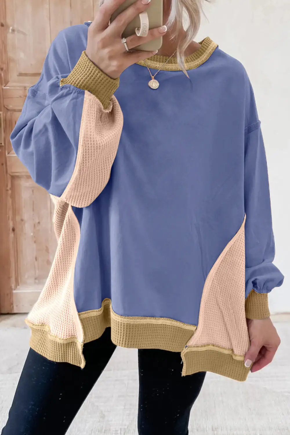 Everyday Relaxed Patchwork Waffle Knit Sweatshirt