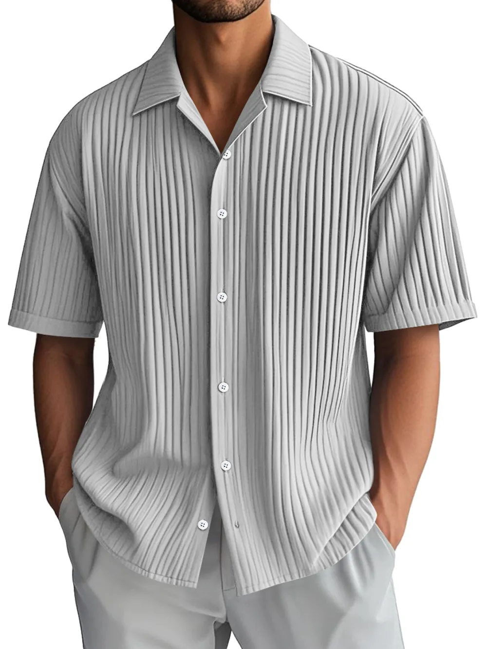 Ribbed Knit Camp Collar Shirt