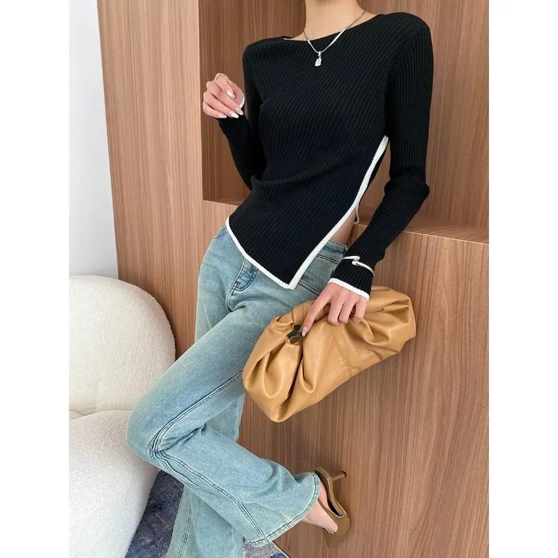 Structured Irregular Split Color Slim Knit Sweater