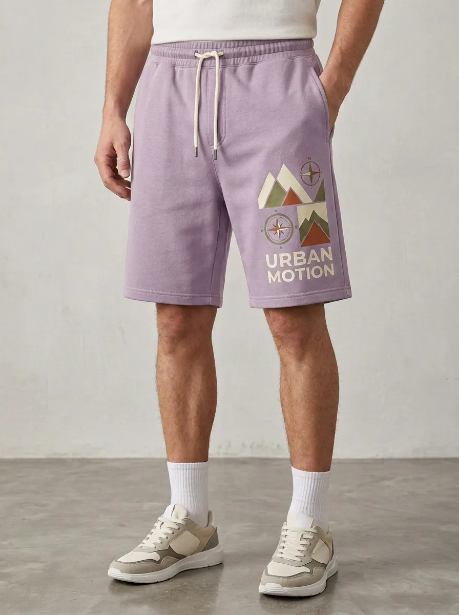 Men's Mountain Compass Drawstring Elastic-Waist Printed Sweat Shorts
