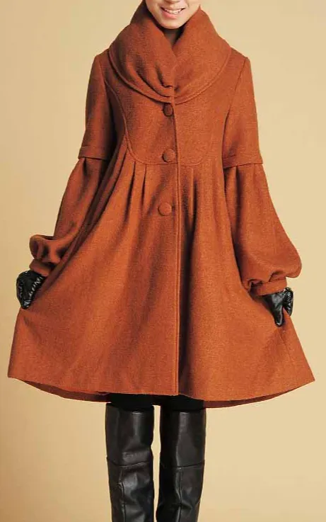 Wool Blend A Line Single Breasted Lantern Sleeve Pocketed Coat
