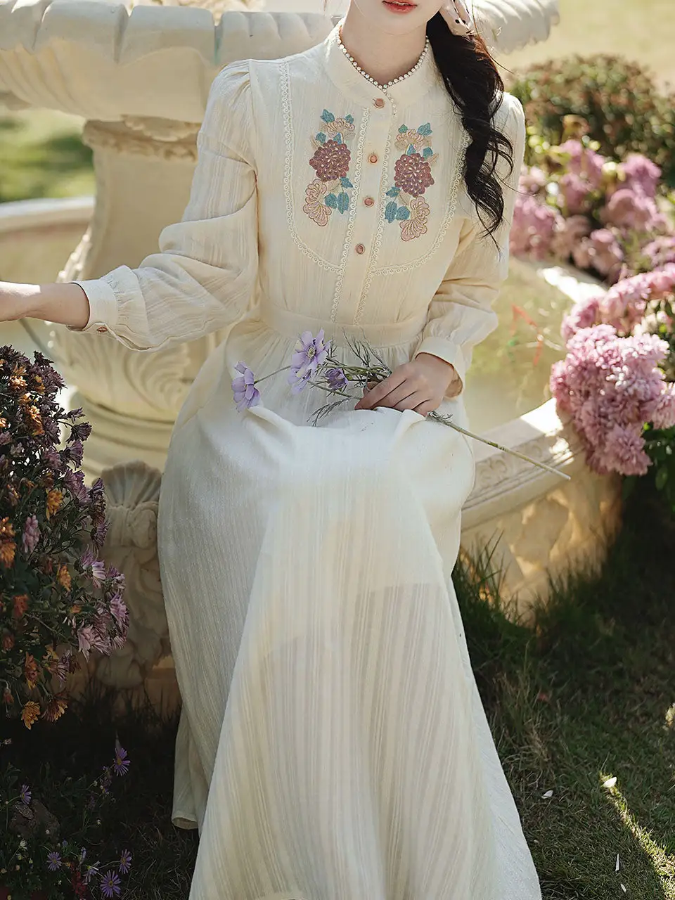 Embroidered Stand Collar Maxi Dress