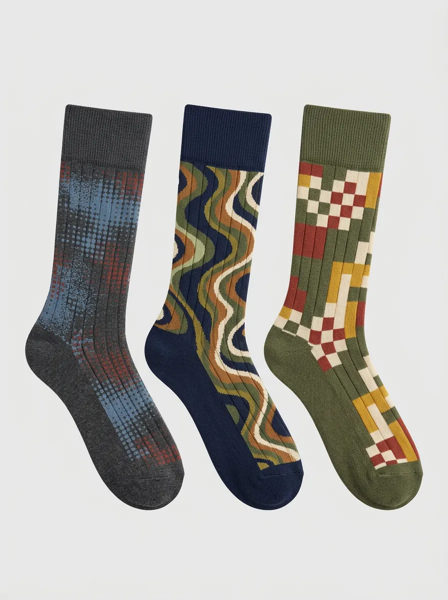 Men's Retro Geometric Wavy Pattern Printed Three Pack Socks Modern Pattern