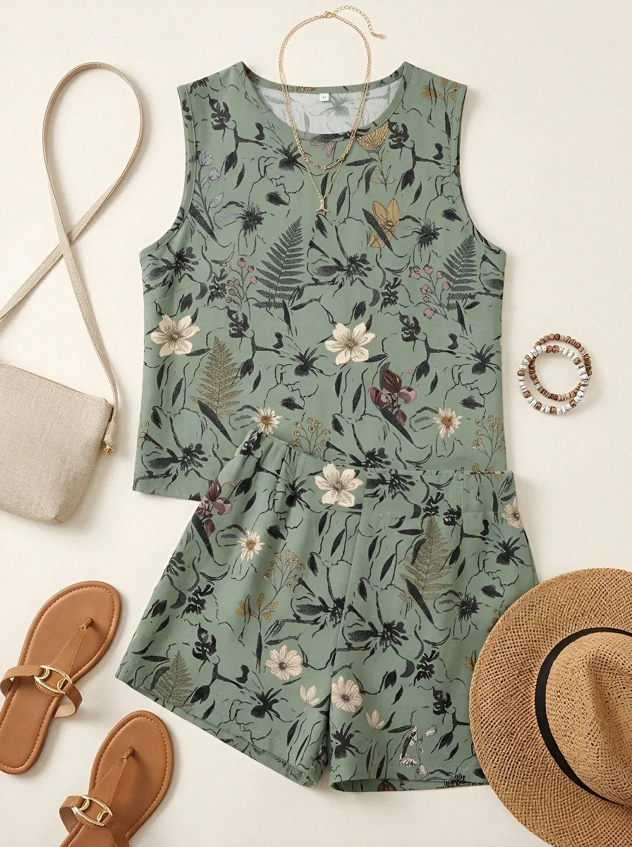 Women's Botanical Floral Fern Printed Sleeveless Shorts Set
