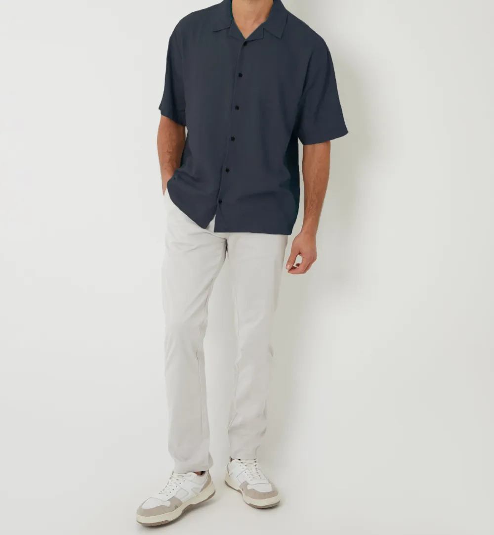 Men's Navy Relaxed-Fit Linen Blend Revere Collar Short Sleeve Shirt